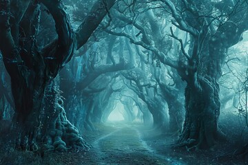 Fototapeta na wymiar Magical forest scene with towering ancient trees Mystical fog And a path leading into the unknown Invoking a sense of adventure and fantasy.
