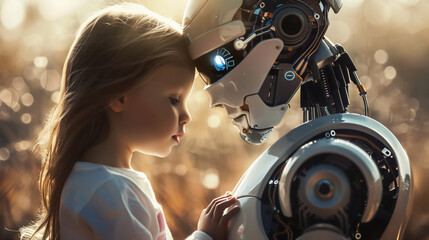 A children girl with humanoid AI robot in living room.
