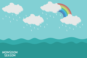 Fototapeta premium Monsoon season banner background with clouds, rainbow, and raindrops. Vector illustration.