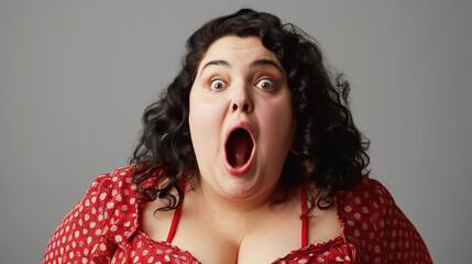 A fat woman in shock or surprise emotional face in studio on gray background. - obrazy, fototapety, plakaty