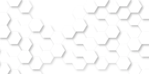 Fotobehang Abstract background with hexagons honeycomb technology texture. Hexagonal shape 3d structure light seamless geometric background. Surface polygon pattern with digital hexagon and futuristic business. © armans