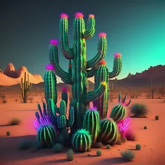 Crédence de cuisine en verre imprimé Cactus 3d rendering of vibrant neon cactus in desert - generated by ai