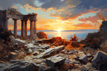 Landscape with the ruins of an ancient temple. Oil painting in impressionism style. - obrazy, fototapety, plakaty