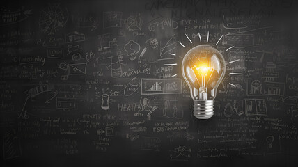 Conceptual Idea Generation with Light Bulb on Blackboard. A bright light bulb illuminates a blackboard filled with mathematical equations and doodles, symbolizing idea generation and creative problem
