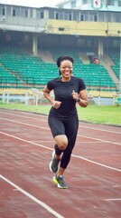 Obraz premium Cheerful adult African American woman doing sports at the stadium