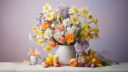 Floral Easter Eggs Bouquet on Soft Background