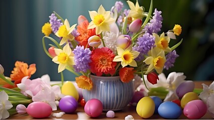 Obraz premium Floral Easter Eggs Bouquet on Soft Background