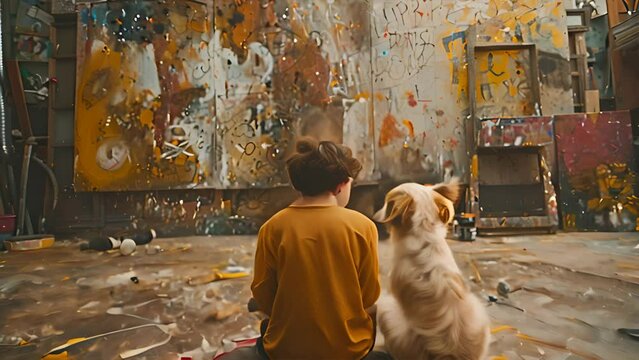 Boy and his dog looking at a wall full of children's doodles and paintings. Messy living room. Concept of children's creativity and mischief of kids and pets ,generative ai