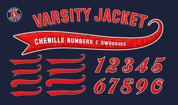 A collection of numbers and swooshes in the style of chenille fabric varsity letterman jacket patches