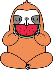 Cute cartoon sloth. Adorable hand drawn baby sloth character eating watermelon. Illustration for nursery design, poster, greeting, birthday card, baby shower design and party.