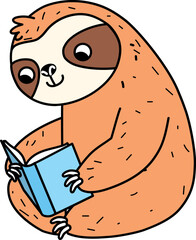 Cute cartoon sloth. Adorable hand drawn baby sloth character reading a book. Illustration for nursery design, poster, greeting, birthday card, baby shower design and party.