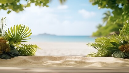 Fondo con tema de playa tropical para presentación de producto.
