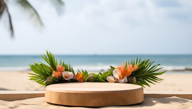 Podio de madera con playa de fondo y decoraci&oacute;n tropical para presentaci&oacute;n de productos.