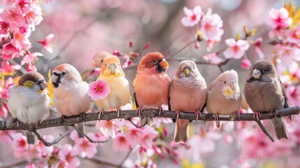 春のお花見：桜の満開の中で喜ぶ動物たちの祝祭(鳥) - obrazy, fototapety, plakaty