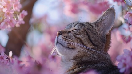 春のお花見：桜の満開の中で喜ぶ動物の祝祭(猫)