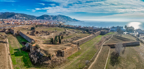 Panoramic aerial view of Roses citadel in Spain , giant pentagonal star fort fortress with bastions...
