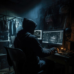 Computer hacker cyber criminal sits at a computer in the dark