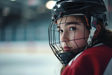 Female ice hockey player on the arena bench during a game