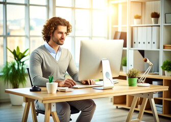 man in casual wear working while sitting at the desk in creative office
