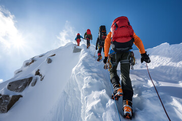 Group of climbers ascending a mountain in winter