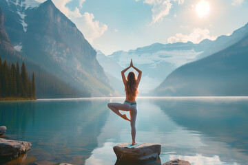 Woman holds relaxing yoga pose by a beautiful calm lake in the mountains - obrazy, fototapety, plakaty
