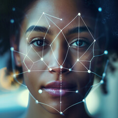 Computer facial recognition, artificial intelligence concept tracks a woman