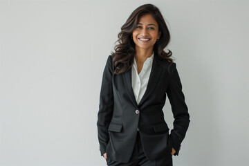 Confident, smiling South Asian businesswoman in a suit poses for a portrait in a white room