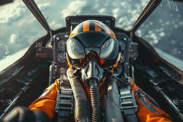 Jet fighter military Air Force pilot flying in a plane cockpit