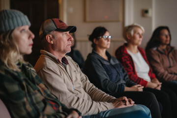 Regular people listen to a speaker during a focus group question period