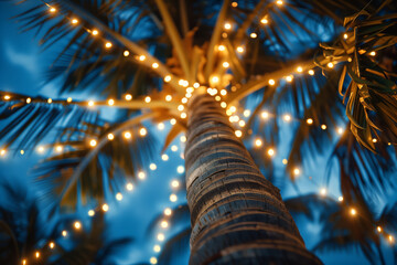 Palm tree lined with lights at night on a tropical beach resort
