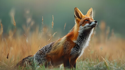 Red Fox hunting, Vulpes vulpes, wildlife scene from Europe. Orange fur coat animal in the nature habitat. Fox on the green forest meadow. - Powered by Adobe