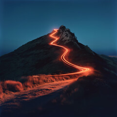 Light trail at night follows a guide path to the top of a mountain