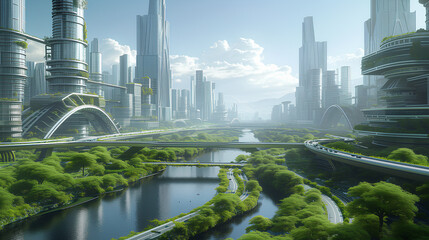 Futuristic City with Integrated Vertical Forests. A future vision of urban design where skyscrapers are seamlessly blended with lush vertical forests, promoting an eco-advanced city.
 - obrazy, fototapety, plakaty