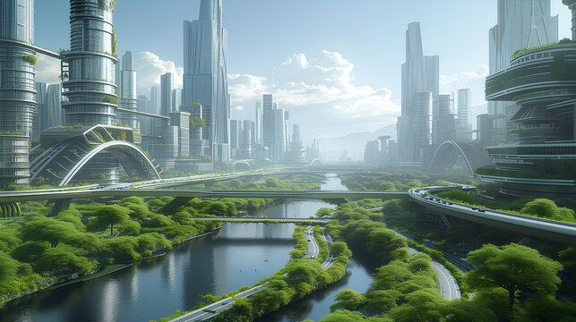 Futuristic City with Integrated Vertical Forests. A future vision of urban design where skyscrapers are seamlessly blended with lush vertical forests, promoting an eco-advanced city.
