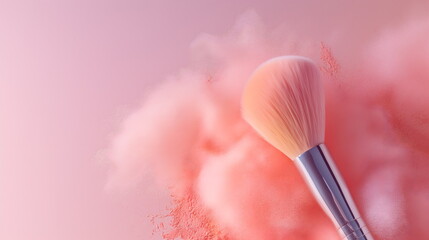 peach fuzz coloured makeup brushe and powder with copy space. makeup cosmetic of colour of the year 2024.