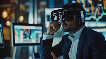 A business man wearing a VR goggle glasses.