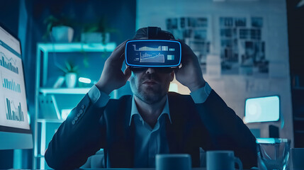A business man wearing a VR goggle glasses.