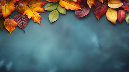 Autumn background with colored red leaves on blue slate background 

