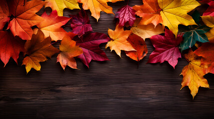 Naklejka na ściany i meble Vibrant Colourful Fall Leaves Surrounds Dark Wooden Texture Frame Background, 