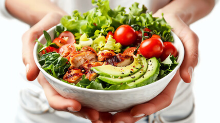 A woman hands holding a bowl of salad in close up on white studio background.