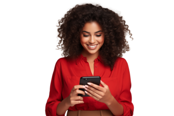 African American Woman in red dress using mobile phone on a transparent background
