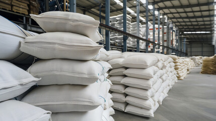Fototapeta na wymiar A stacks of white sack in the white warehouse.