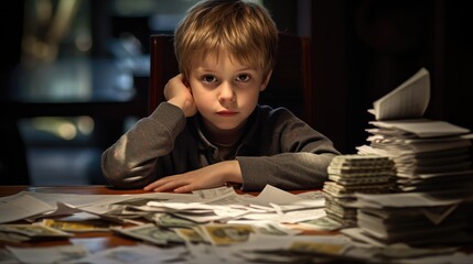 The boy counts money and takes notes, saves money in a piggy bank. Training in financial responsibility and savings design. Concept of finance, business, investment. Mindfulness lessons. - obrazy, fototapety, plakaty