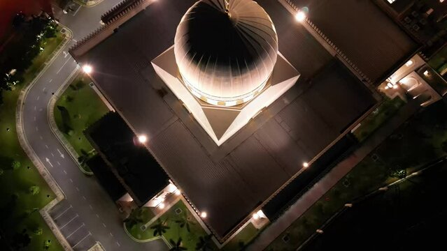 Seremban, Malaysia - February 2024. Aerial view  the Dome of Masjid Sri Sendayan, mosque at night.