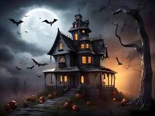 Fototapeta na wymiar Spooky Halloween background with pumpkins in a cemetery. generative ai