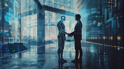 A businessman and AI humanoid handshake for cooperation in the futuristic world.