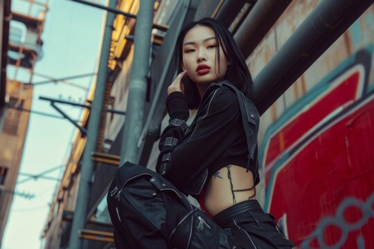Professional Photography of a Fierce Asian Top Model Showcasing Avant-Garde Fashion in an Urban Setting, Generative AI