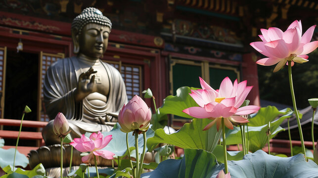 仏像と蓮の花