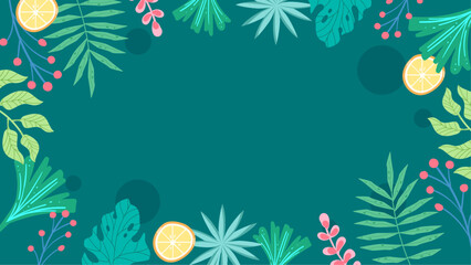Colorful colourful vector spring background with plants, leaves and floral composition, simple and trendy style