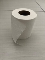 Roll of toilet paper on white tile floor